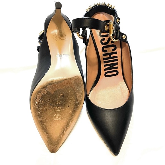 MOSCHINO Black Leather Logo Charm Ankle Strap Heels Size 37 - Picture 6 of 7